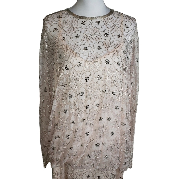 Vtg Judith Ann Plus Pink Dress Sz 2X 18-20 Floral Bead Sequin Drop Waist Flapper - Picture 2 of 16